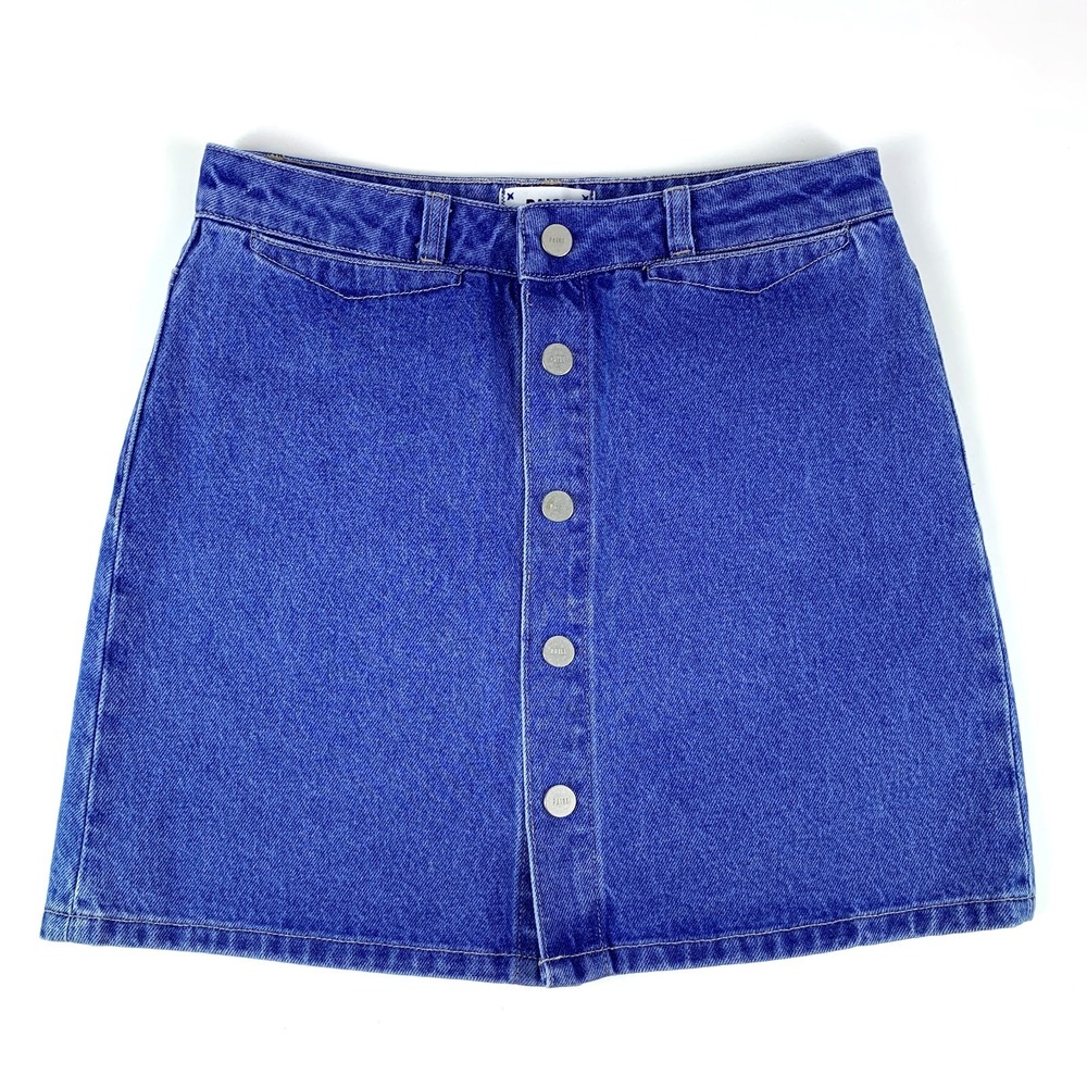 Paige Esma High Rise A‎ Line Mini Skirt Sz 27 Denim Snap Front